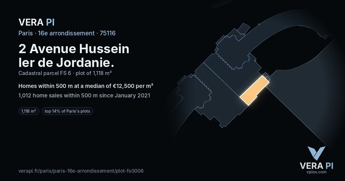 2 Avenue Hussein Ier de Jordanie, 16e arrondissement at night – the plot lit, the parcels around coloured by the prices near them