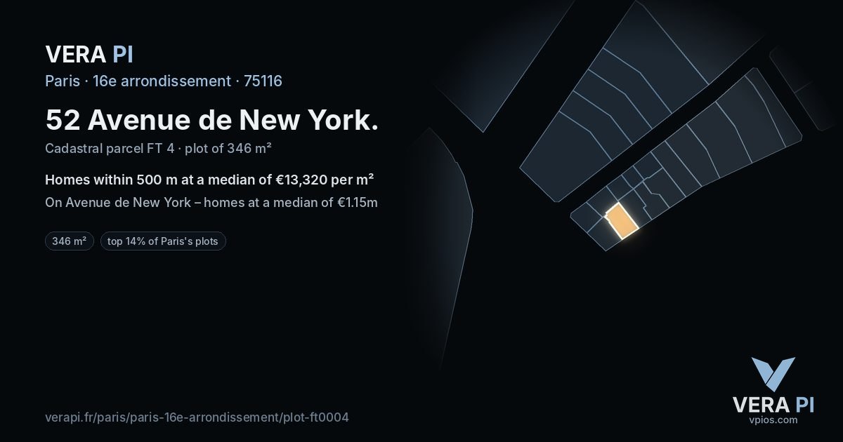 52 Avenue de New York, 16e arrondissement at night – the plot lit, the parcels around coloured by the prices near them