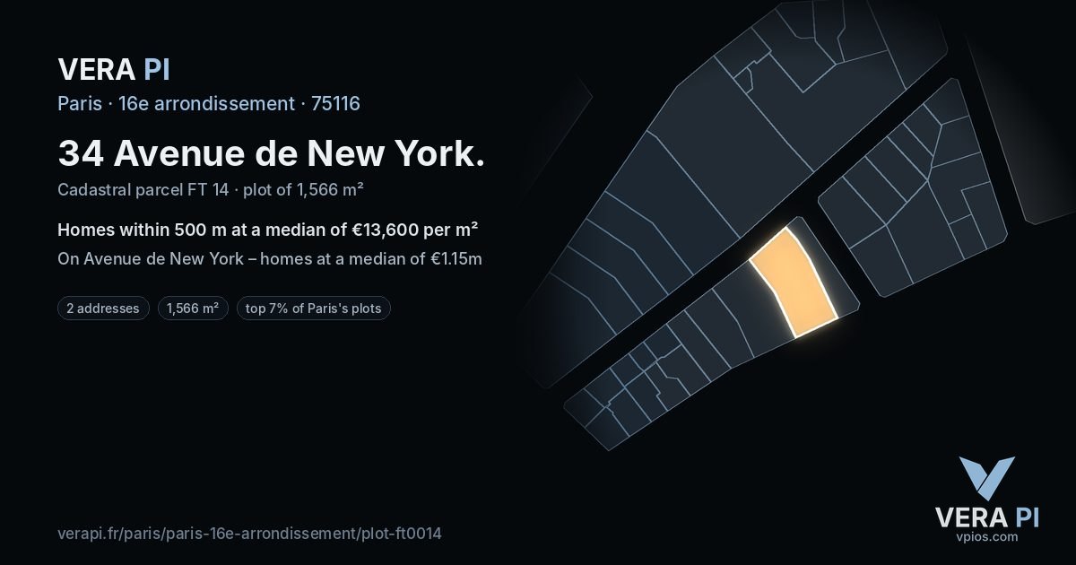 34 Avenue de New York, 16e arrondissement at night – the plot lit, the parcels around coloured by the prices near them