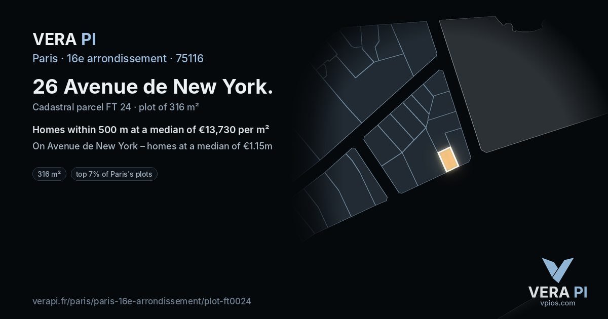 26 Avenue de New York, 16e arrondissement at night – the plot lit, the parcels around coloured by the prices near them
