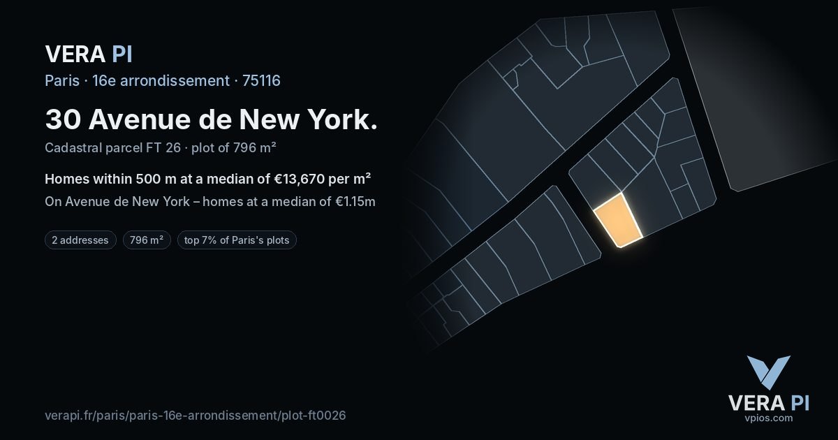 30 Avenue de New York, 16e arrondissement at night – the plot lit, the parcels around coloured by the prices near them