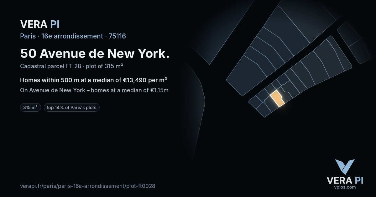50 Avenue de New York, 16e arrondissement at night – the plot lit, the parcels around coloured by the prices near them
