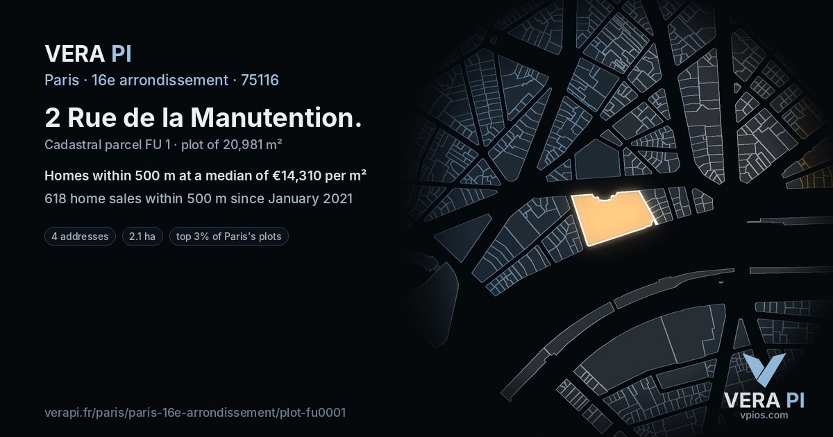 2 Rue de la Manutention, 16e arrondissement at night – the plot lit, the parcels around coloured by the prices near them