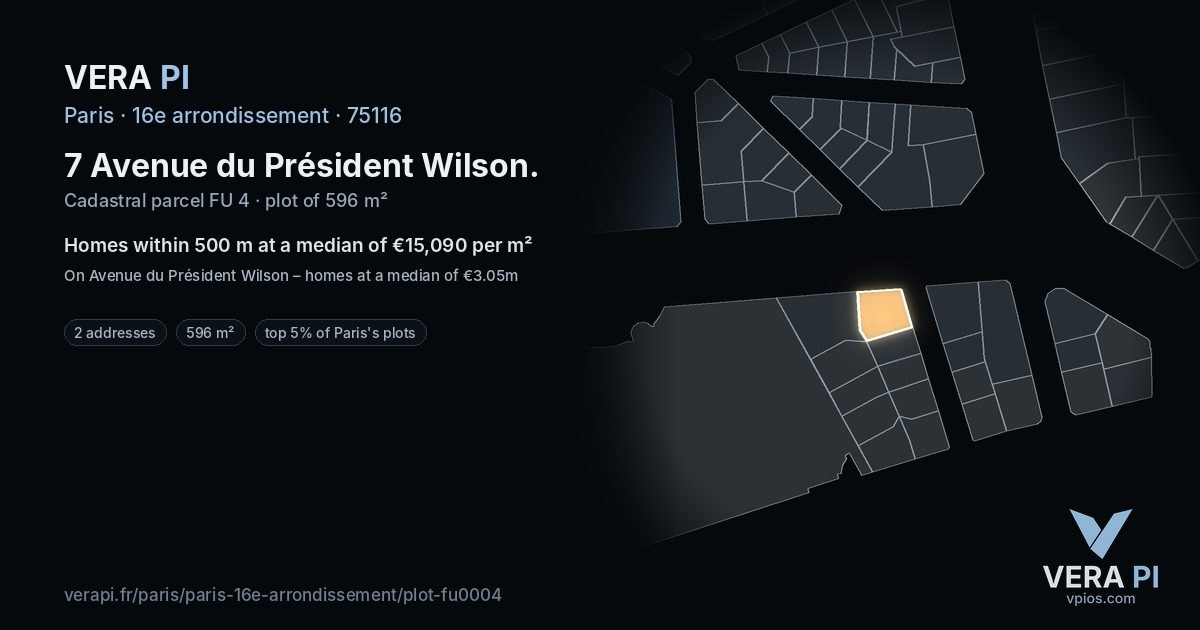 7 Avenue du Président Wilson, 16e arrondissement at night – the plot lit, the parcels around coloured by the prices near them