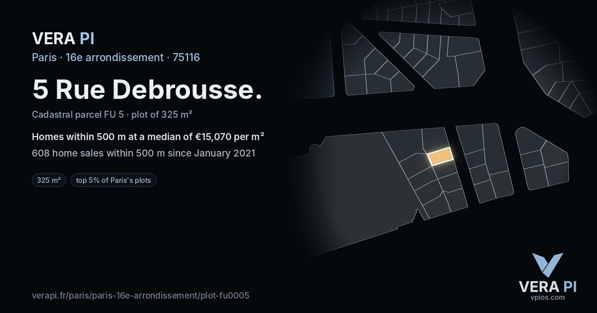 5 Rue Debrousse, 16e arrondissement at night – the plot lit, the parcels around coloured by the prices near them