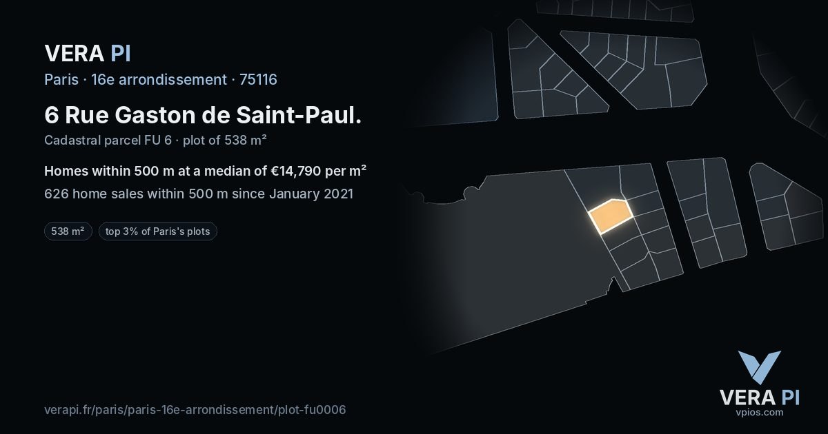 6 Rue Gaston de Saint-Paul, 16e arrondissement at night – the plot lit, the parcels around coloured by the prices near them