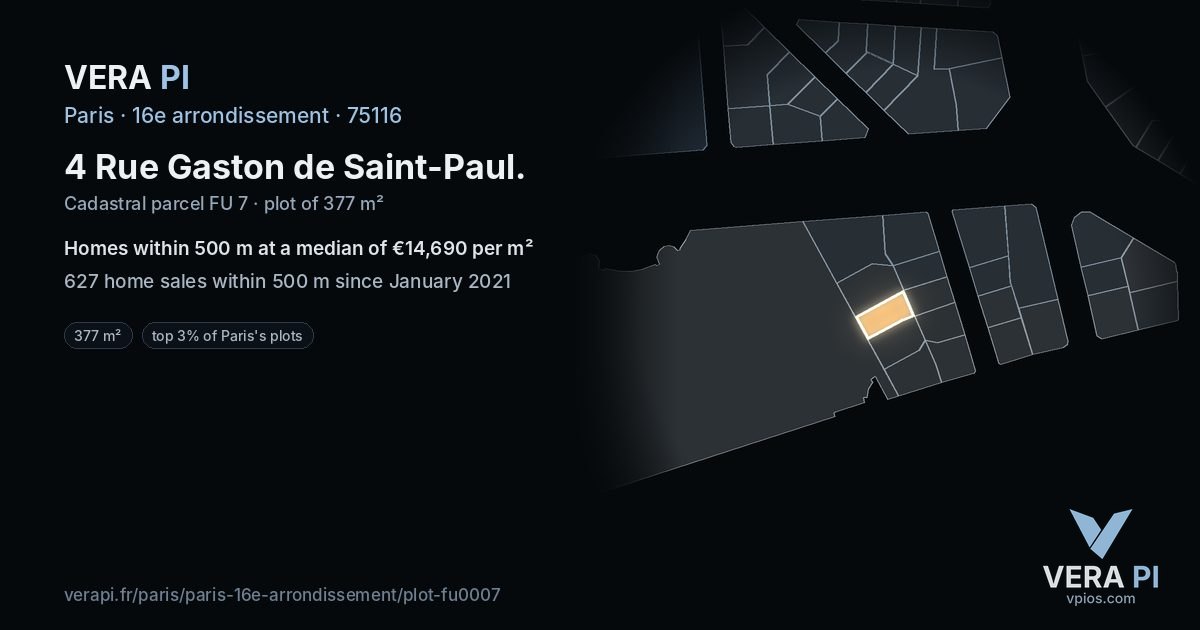 4 Rue Gaston de Saint-Paul, 16e arrondissement at night – the plot lit, the parcels around coloured by the prices near them