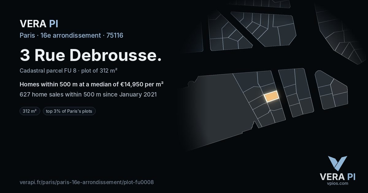 3 Rue Debrousse, 16e arrondissement at night – the plot lit, the parcels around coloured by the prices near them