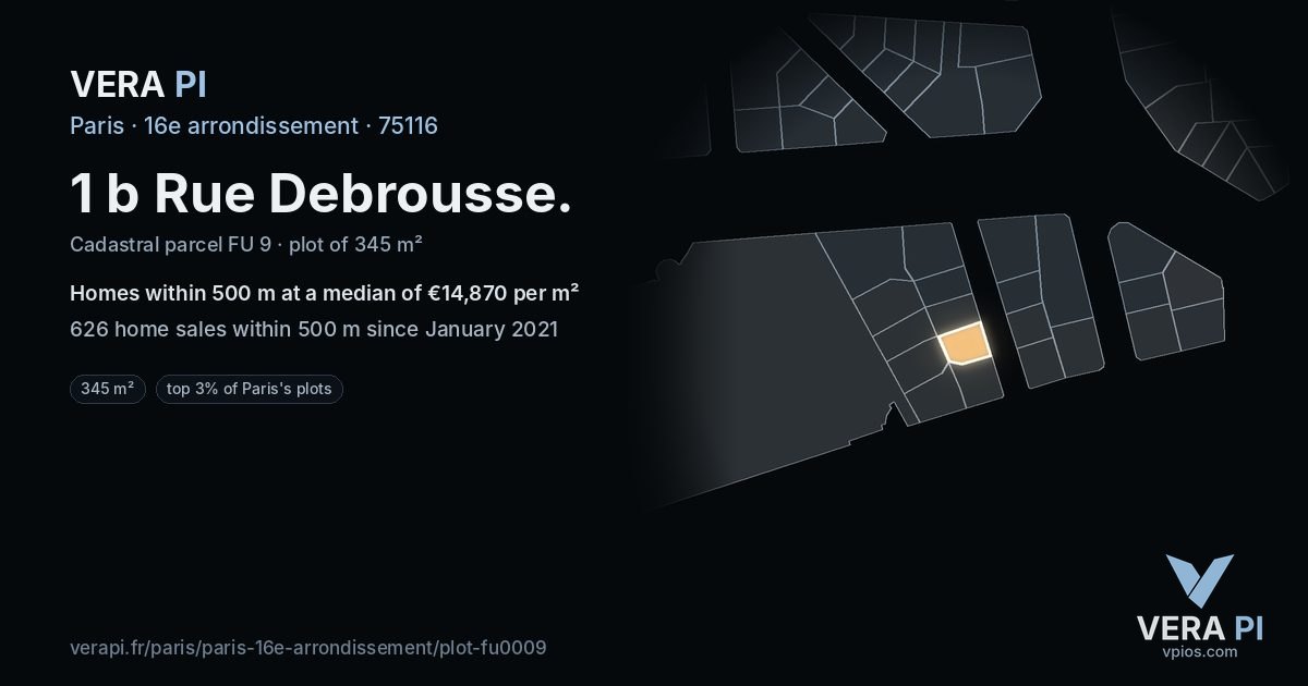 1 b Rue Debrousse, 16e arrondissement at night – the plot lit, the parcels around coloured by the prices near them