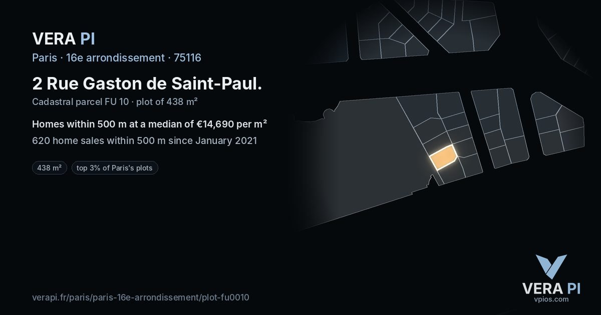 2 Rue Gaston de Saint-Paul, 16e arrondissement at night – the plot lit, the parcels around coloured by the prices near them