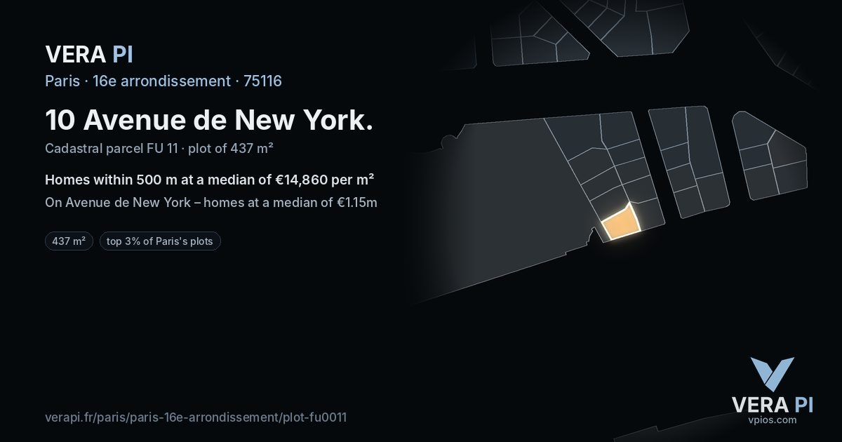 10 Avenue de New York, 16e arrondissement at night – the plot lit, the parcels around coloured by the prices near them