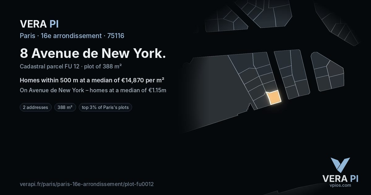 8 Avenue de New York, 16e arrondissement at night – the plot lit, the parcels around coloured by the prices near them