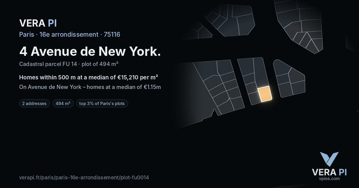4 Avenue de New York, 16e arrondissement at night – the plot lit, the parcels around coloured by the prices near them