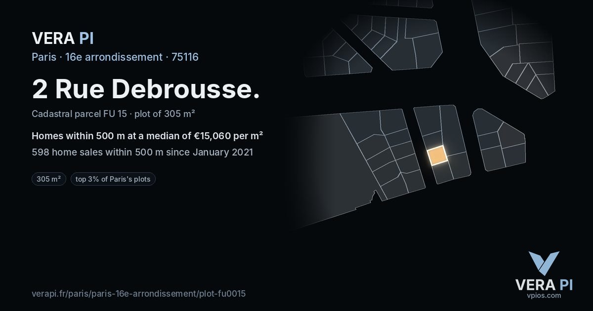 2 Rue Debrousse, 16e arrondissement at night – the plot lit, the parcels around coloured by the prices near them