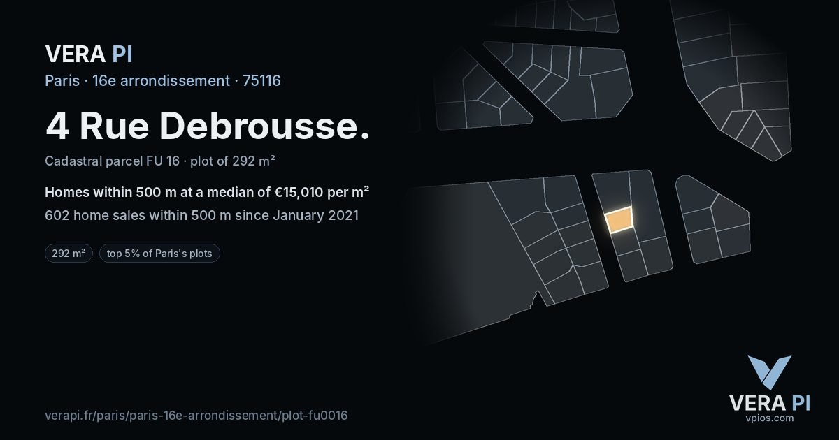 4 Rue Debrousse, 16e arrondissement at night – the plot lit, the parcels around coloured by the prices near them