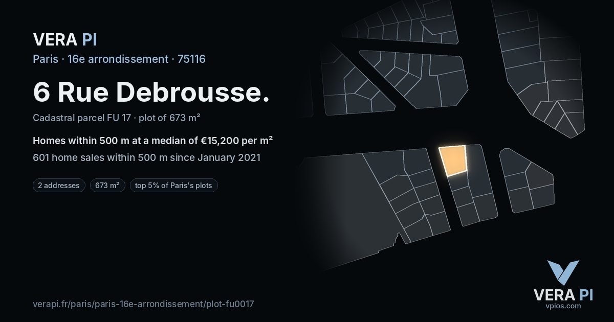 6 Rue Debrousse, 16e arrondissement at night – the plot lit, the parcels around coloured by the prices near them