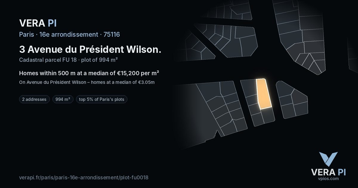 3 Avenue du Président Wilson, 16e arrondissement at night – the plot lit, the parcels around coloured by the prices near them
