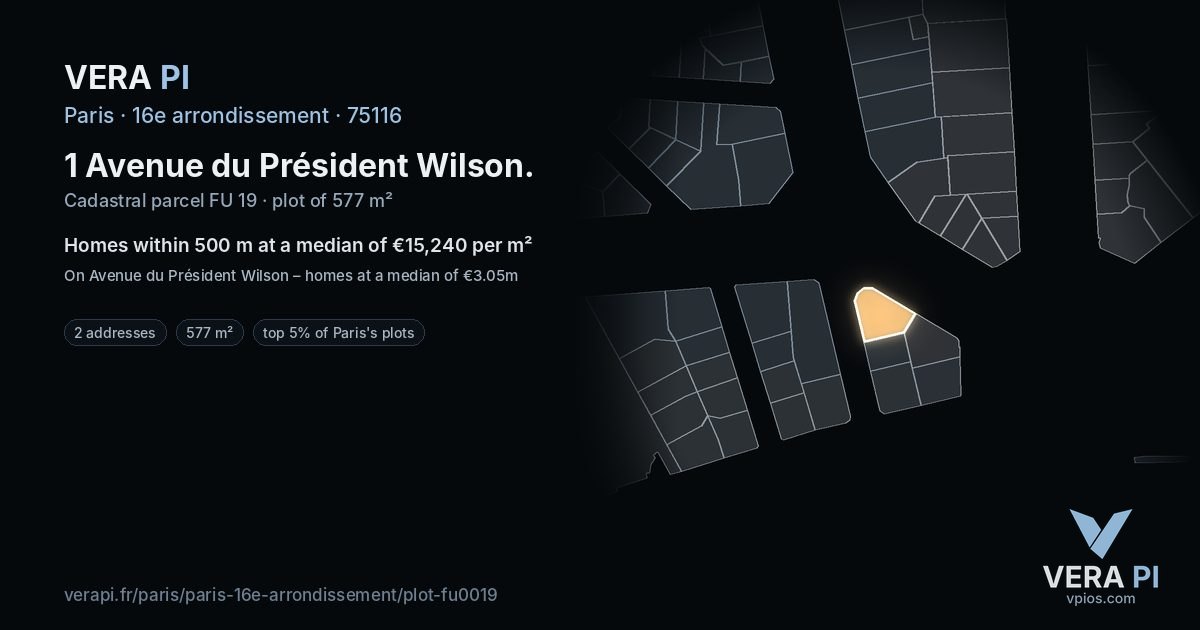 1 Avenue du Président Wilson, 16e arrondissement at night – the plot lit, the parcels around coloured by the prices near them