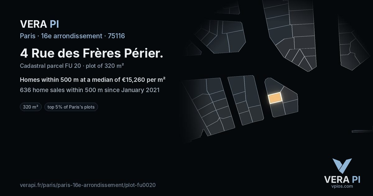 4 Rue des Frères Périer, 16e arrondissement at night – the plot lit, the parcels around coloured by the prices near them