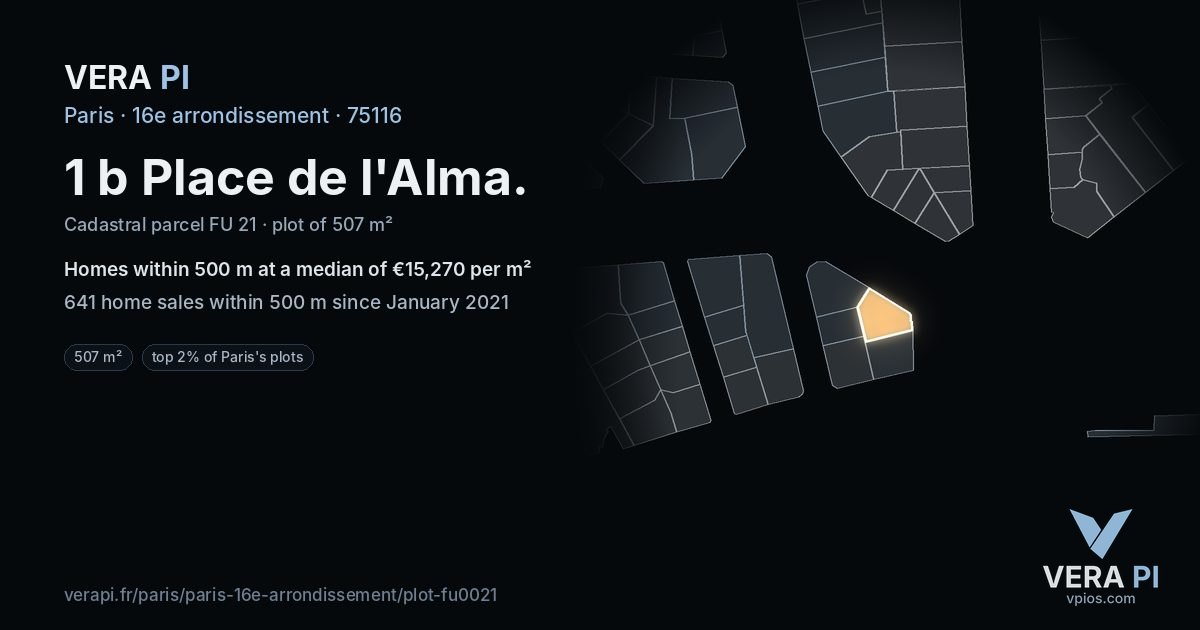 1 b Place de l'Alma, 16e arrondissement at night – the plot lit, the parcels around coloured by the prices near them