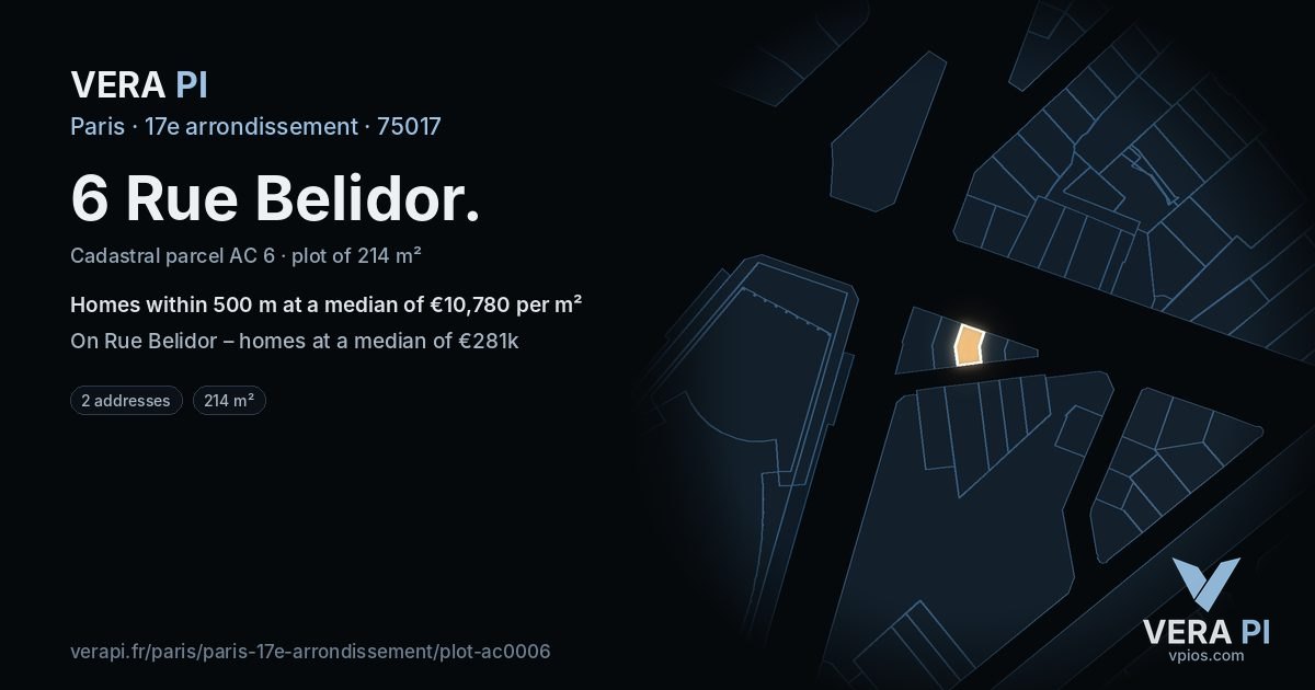 6 Rue Belidor, 17e arrondissement at night – the plot lit, the parcels around coloured by the prices near them