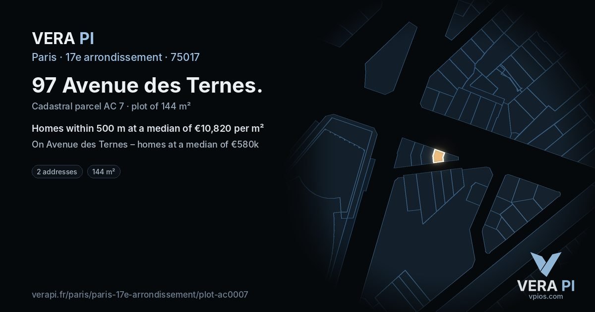 97 Avenue des Ternes, 17e arrondissement at night – the plot lit, the parcels around coloured by the prices near them