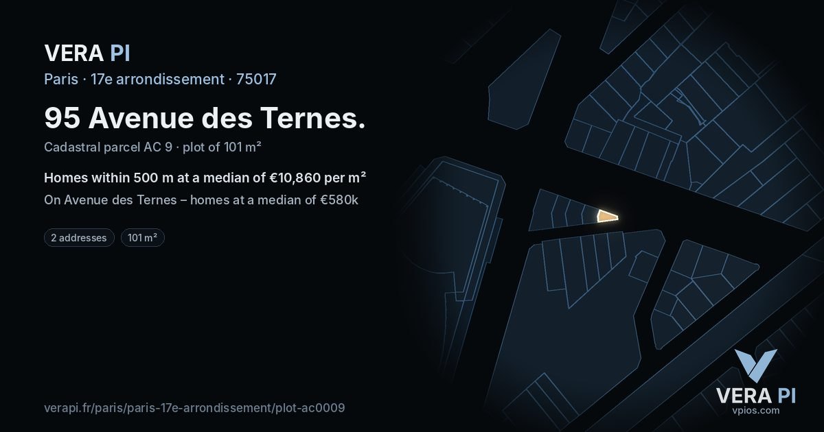 95 Avenue des Ternes, 17e arrondissement at night – the plot lit, the parcels around coloured by the prices near them