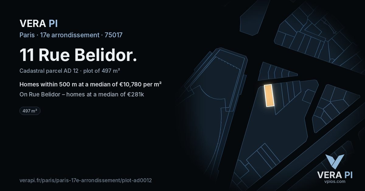 11 Rue Belidor, 17e arrondissement at night – the plot lit, the parcels around coloured by the prices near them