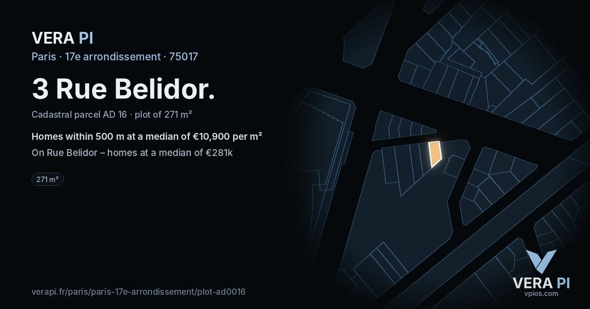 3 Rue Belidor, 17e arrondissement at night – the plot lit, the parcels around coloured by the prices near them