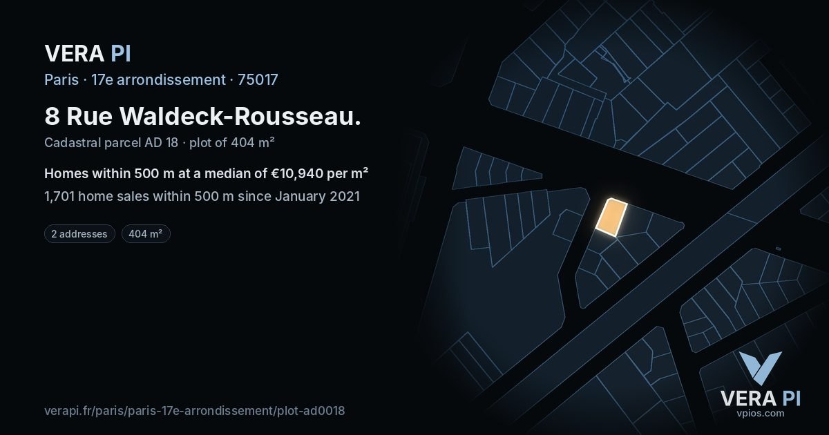 8 Rue Waldeck-Rousseau, 17e arrondissement at night – the plot lit, the parcels around coloured by the prices near them