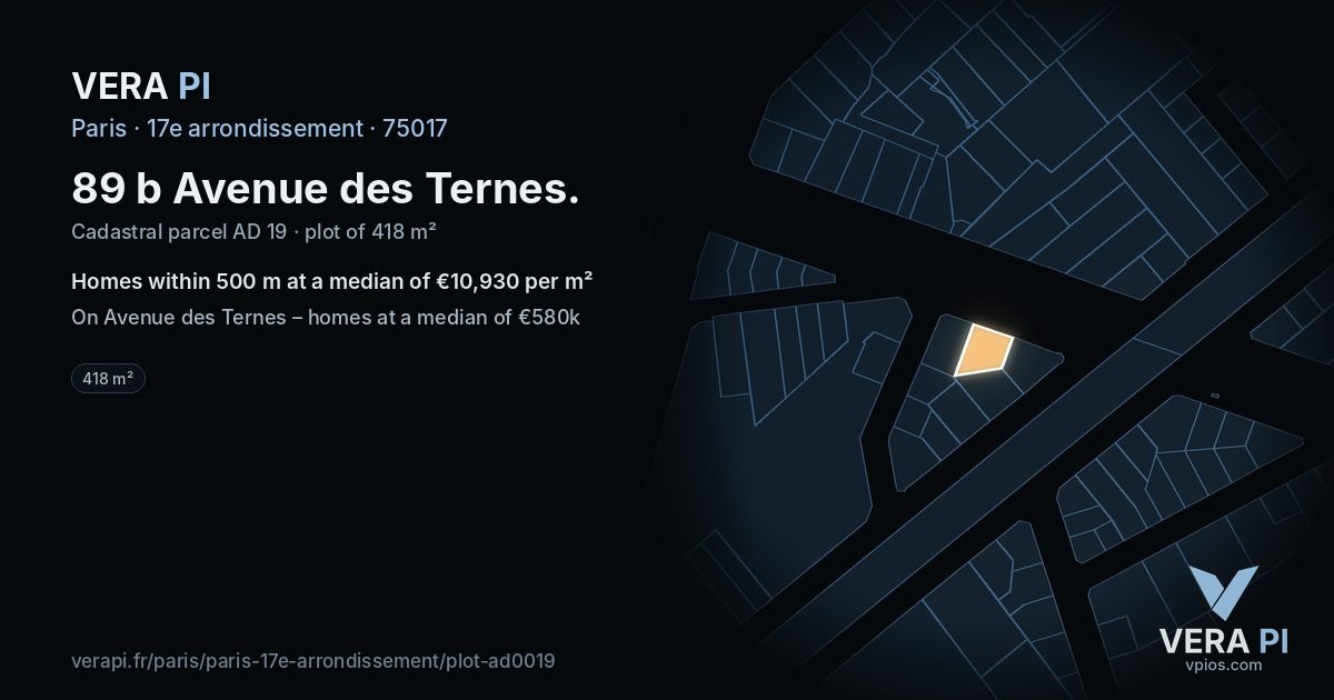 89 b Avenue des Ternes, 17e arrondissement at night – the plot lit, the parcels around coloured by the prices near them