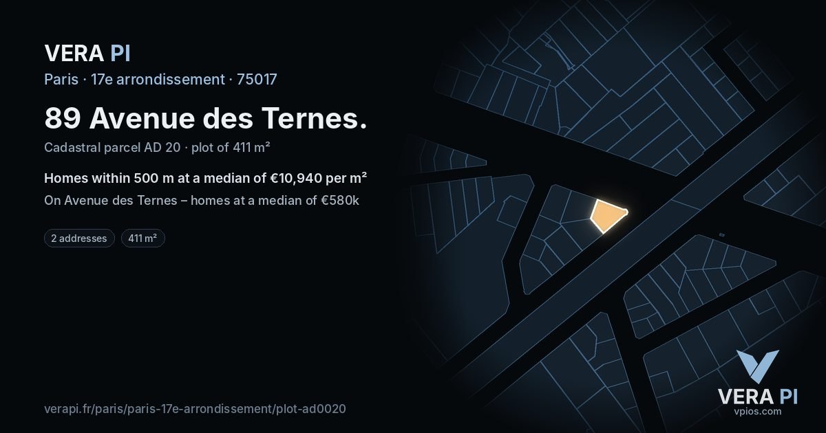 89 Avenue des Ternes, 17e arrondissement at night – the plot lit, the parcels around coloured by the prices near them