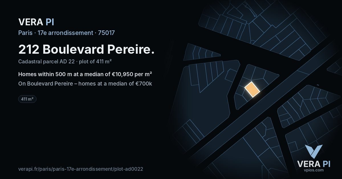 212 Boulevard Pereire, 17e arrondissement at night – the plot lit, the parcels around coloured by the prices near them
