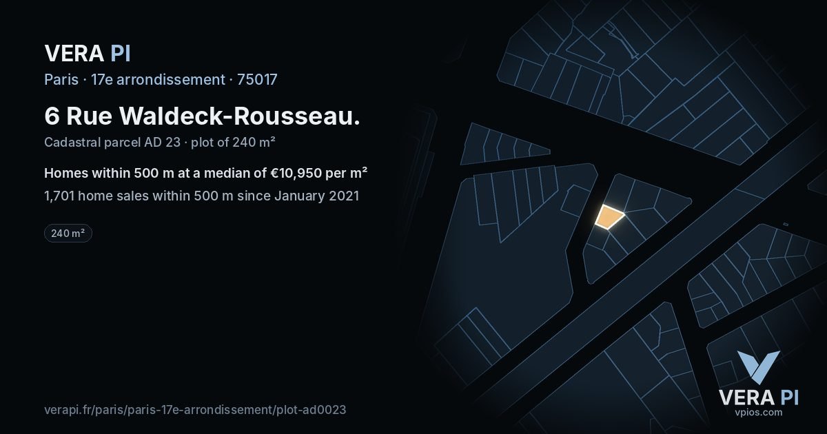 6 Rue Waldeck-Rousseau, 17e arrondissement at night – the plot lit, the parcels around coloured by the prices near them