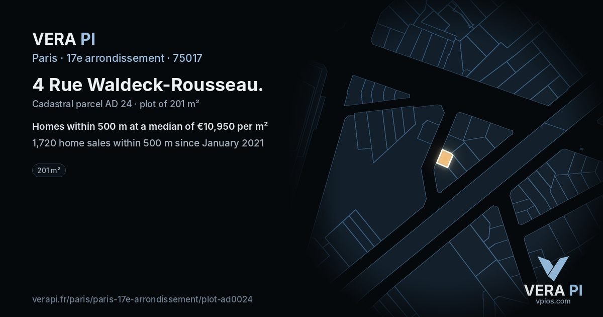 4 Rue Waldeck-Rousseau, 17e arrondissement at night – the plot lit, the parcels around coloured by the prices near them