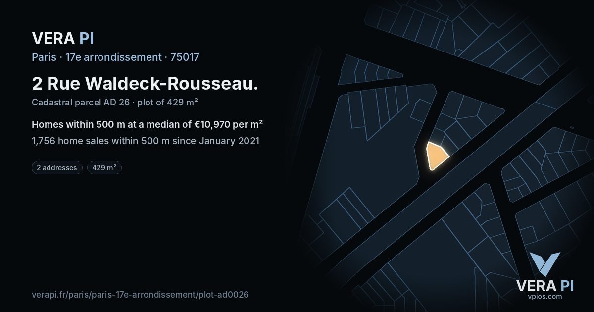 2 Rue Waldeck-Rousseau, 17e arrondissement at night – the plot lit, the parcels around coloured by the prices near them