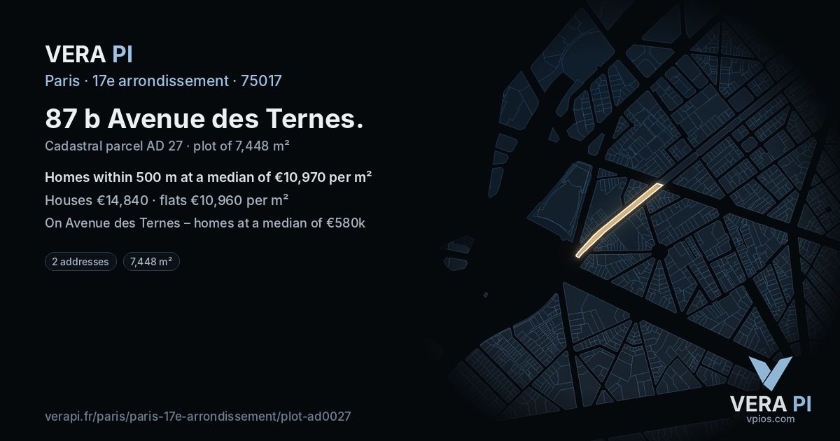 87 b Avenue des Ternes, 17e arrondissement at night – the plot lit, the parcels around coloured by the prices near them