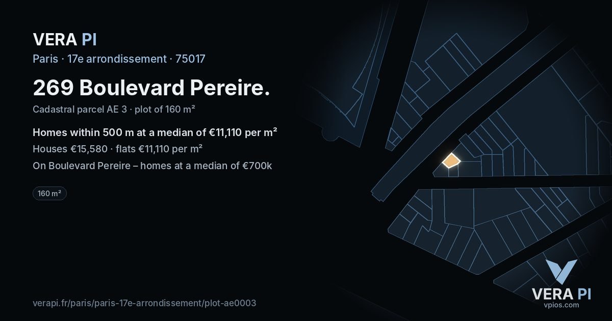 269 Boulevard Pereire, 17e arrondissement at night – the plot lit, the parcels around coloured by the prices near them