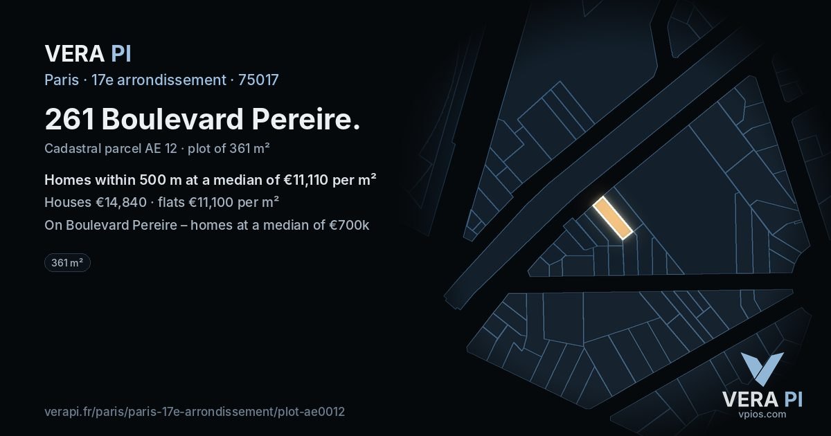 261 Boulevard Pereire, 17e arrondissement at night – the plot lit, the parcels around coloured by the prices near them