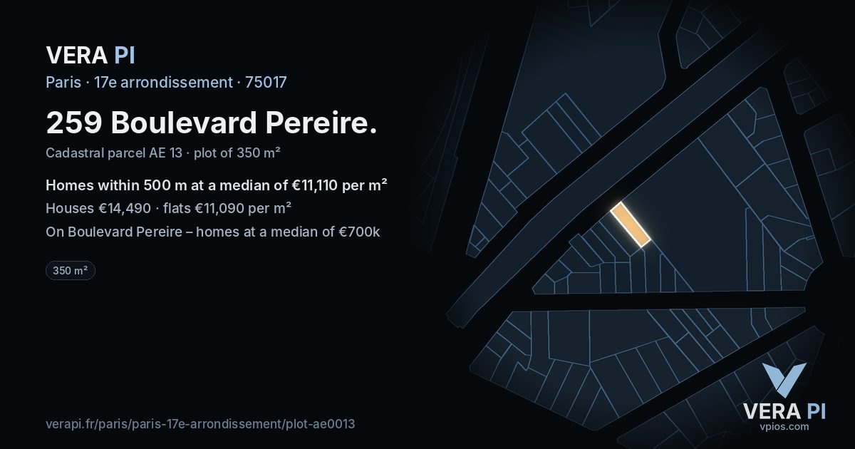 259 Boulevard Pereire, 17e arrondissement at night – the plot lit, the parcels around coloured by the prices near them