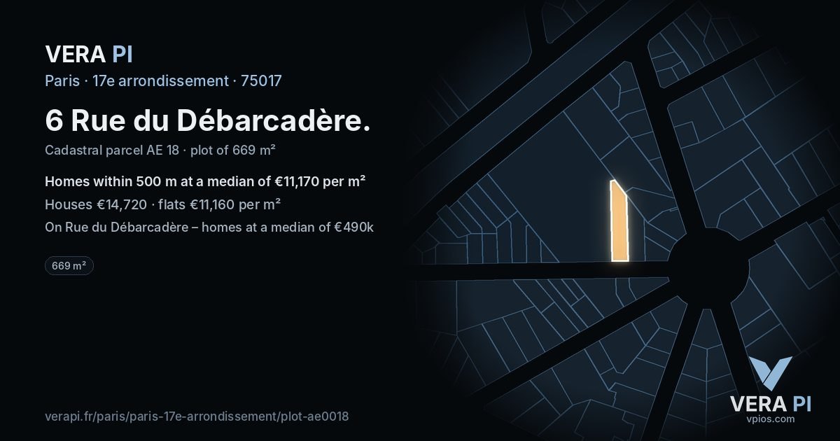 6 Rue du Débarcadère, 17e arrondissement at night – the plot lit, the parcels around coloured by the prices near them
