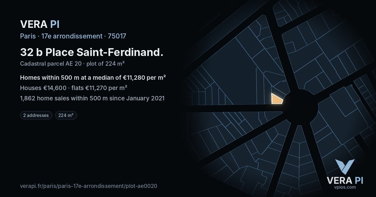 32 b Place Saint-Ferdinand, 17e arrondissement at night – the plot lit, the parcels around coloured by the prices near them