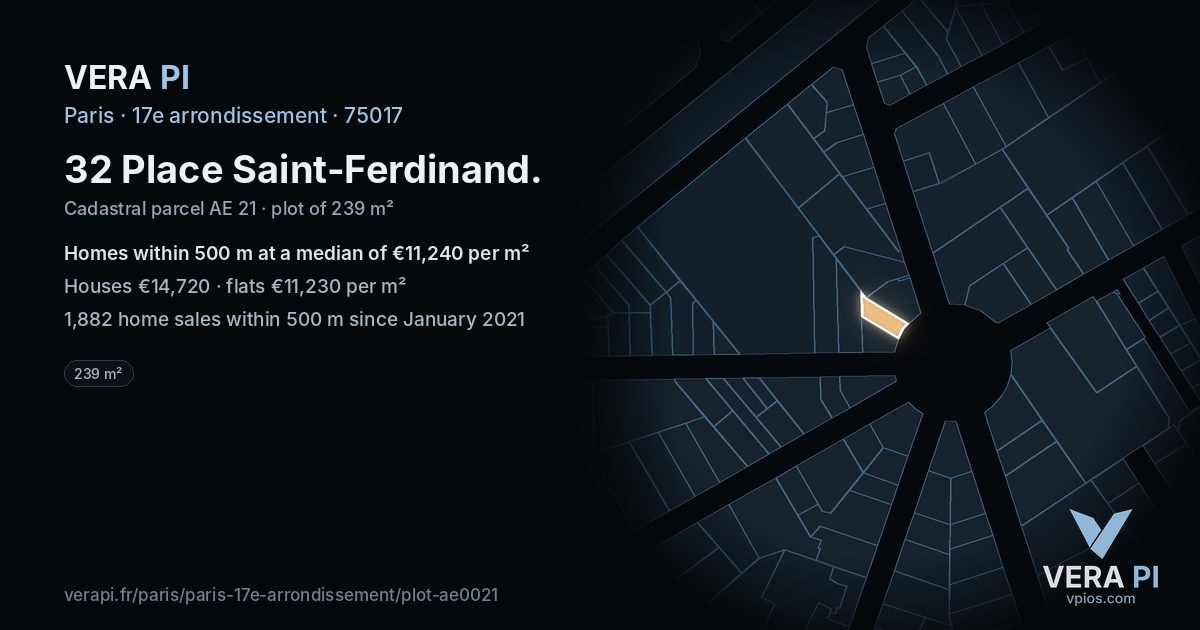 32 Place Saint-Ferdinand, 17e arrondissement at night – the plot lit, the parcels around coloured by the prices near them