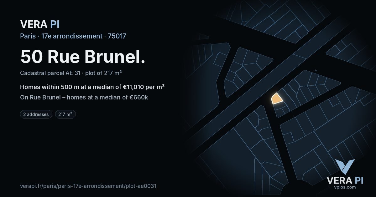 50 Rue Brunel, 17e arrondissement at night – the plot lit, the parcels around coloured by the prices near them