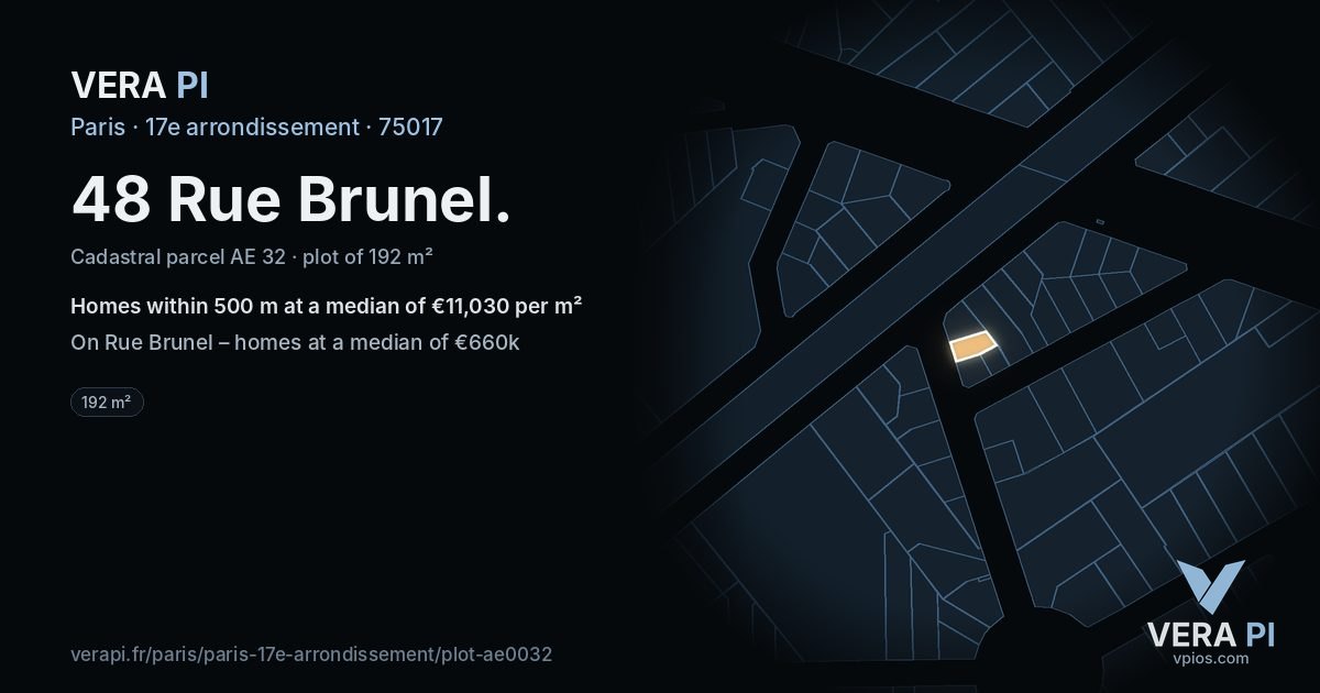 48 Rue Brunel, 17e arrondissement at night – the plot lit, the parcels around coloured by the prices near them