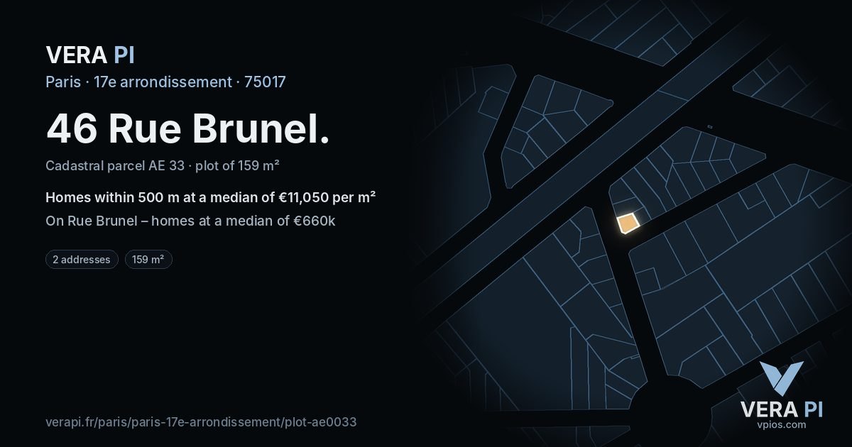46 Rue Brunel, 17e arrondissement at night – the plot lit, the parcels around coloured by the prices near them