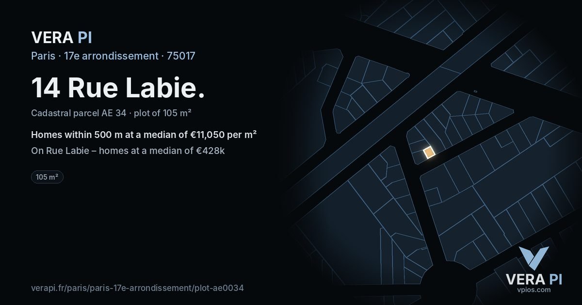 14 Rue Labie, 17e arrondissement at night – the plot lit, the parcels around coloured by the prices near them