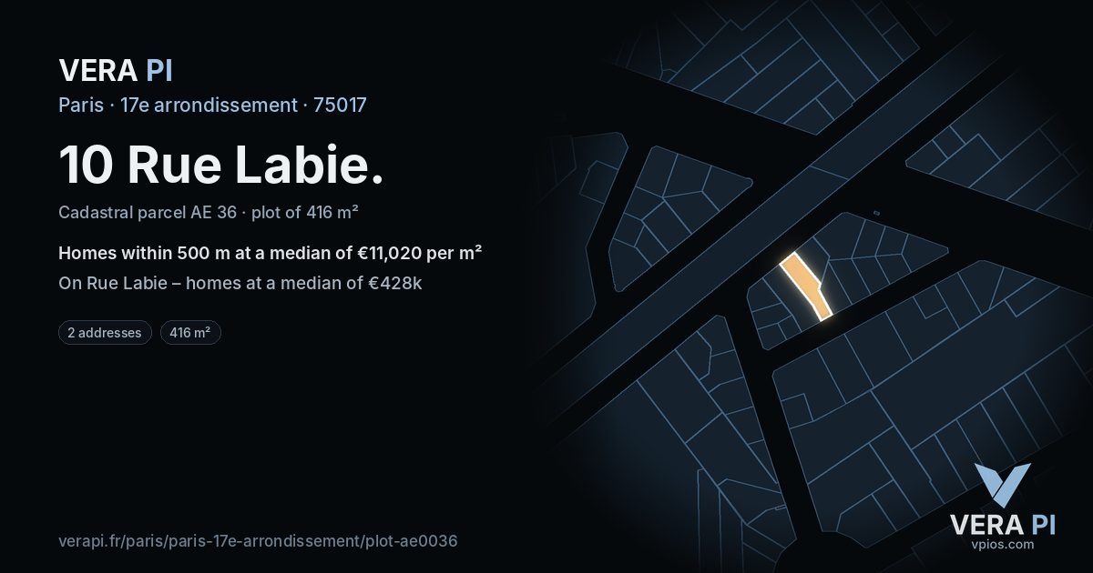 10 Rue Labie, 17e arrondissement at night – the plot lit, the parcels around coloured by the prices near them