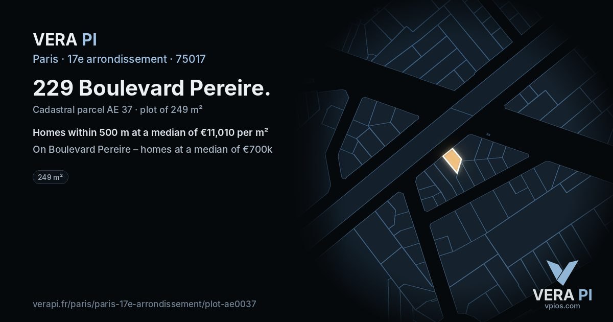 229 Boulevard Pereire, 17e arrondissement at night – the plot lit, the parcels around coloured by the prices near them