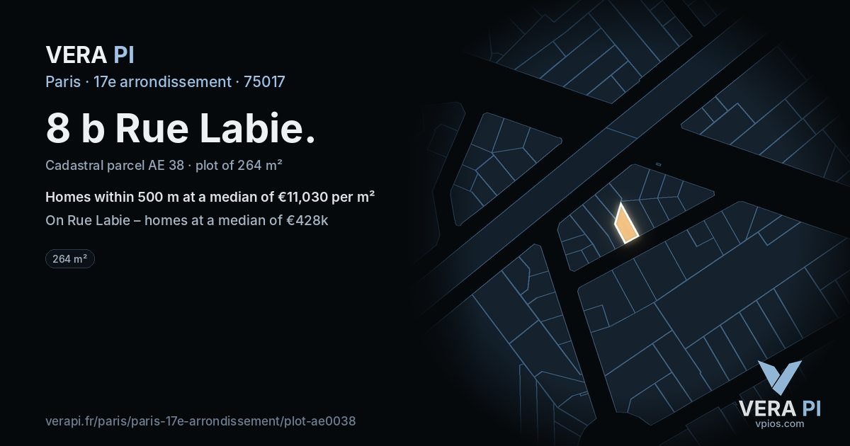 8 b Rue Labie, 17e arrondissement at night – the plot lit, the parcels around coloured by the prices near them
